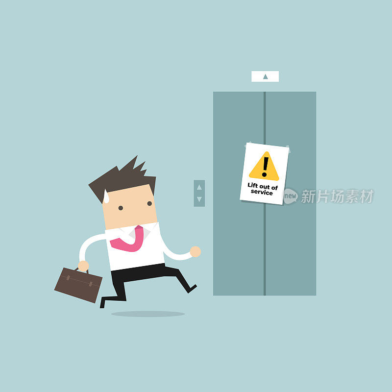 Businessman are running to the elevator. But the elevator is out of service.